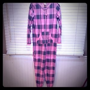 Womens Girls onsie pink plaid one piece pajamas